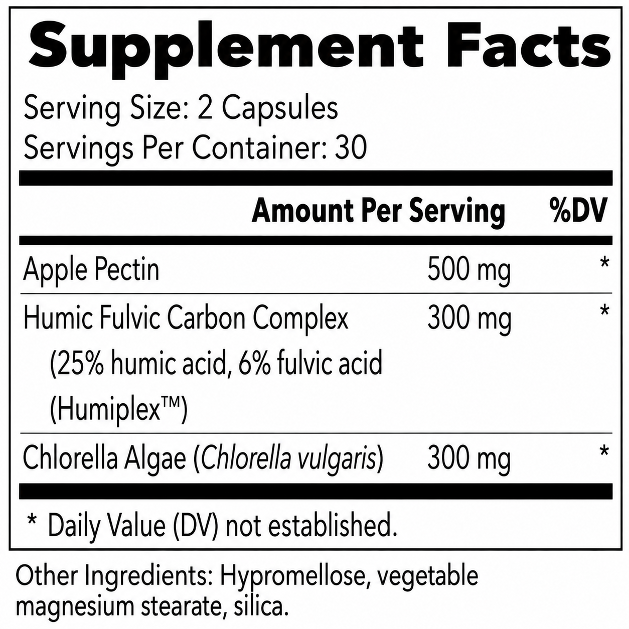 A supplement facts label showing a supplement called Humiplex. The label lists the following ingredients: Apple Pectin (500 mg), Humic Fulvic Carbon Complex (300 mg), and Chlorella Algae (300 mg).