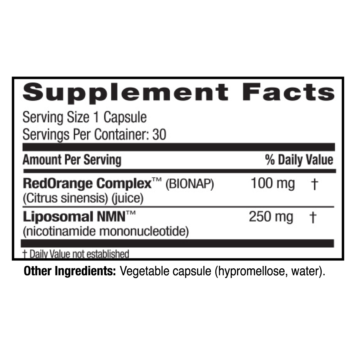 Supplement facts label with RedOrange Complex and Liposomal NMN on a white background