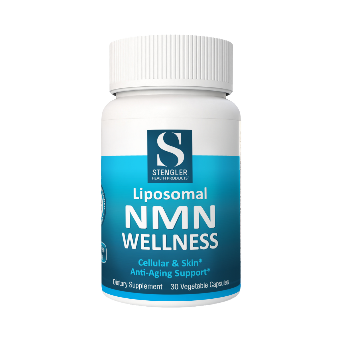 Supplement bottle labeled 'Liposomal NMN Wellness' by Stengler on a white background