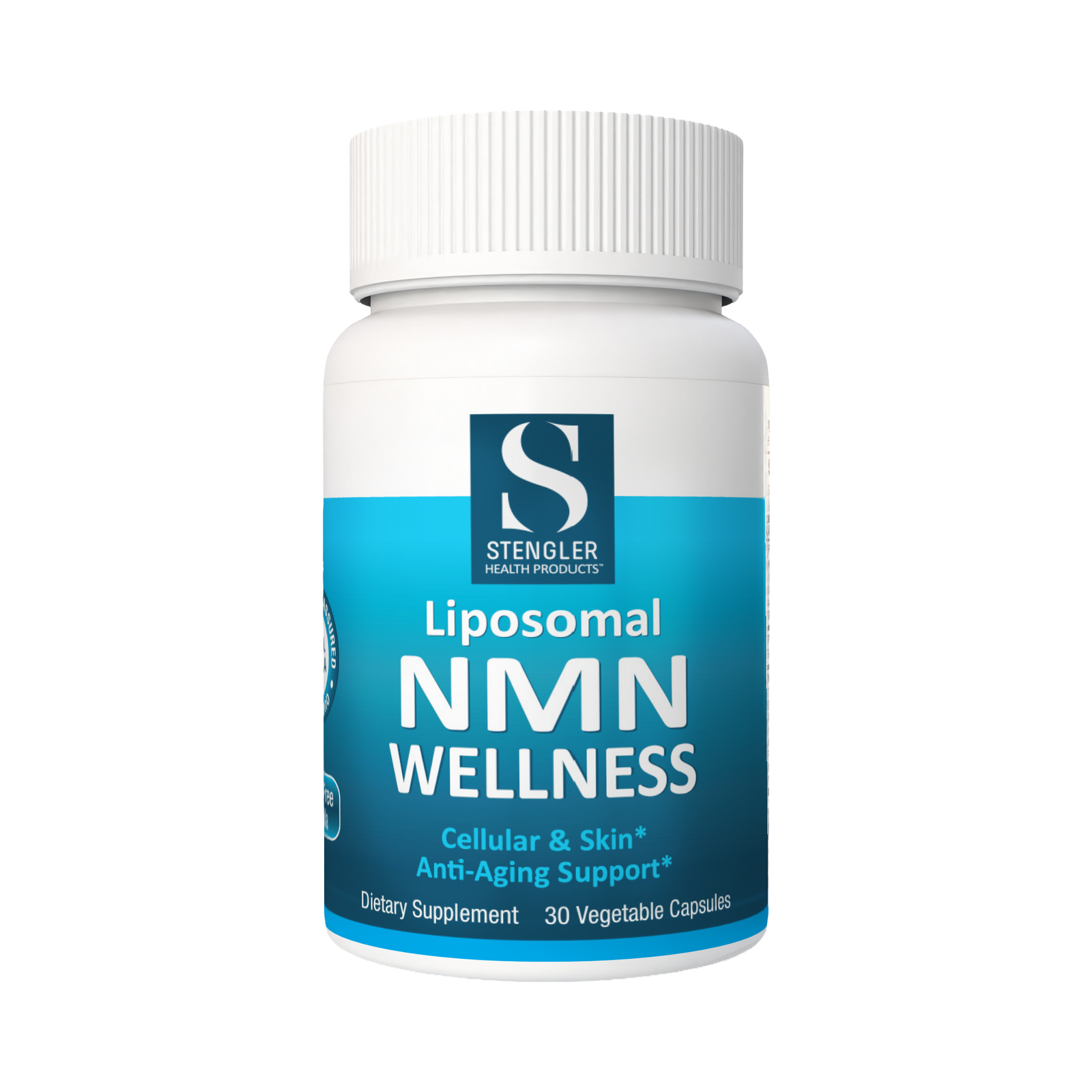 Supplement bottle labeled 'Liposomal NMN Wellness' by Stengler on a white background