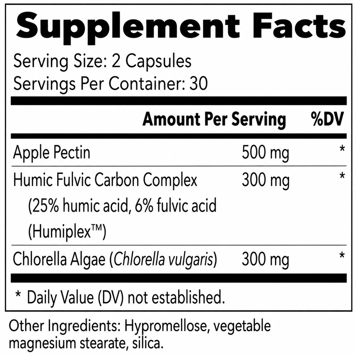 A supplement facts label showing a supplement called Humiplex. The label lists the following ingredients: Apple Pectin (500 mg), Humic Fulvic Carbon Complex (300 mg), and Chlorella Algae (300 mg).