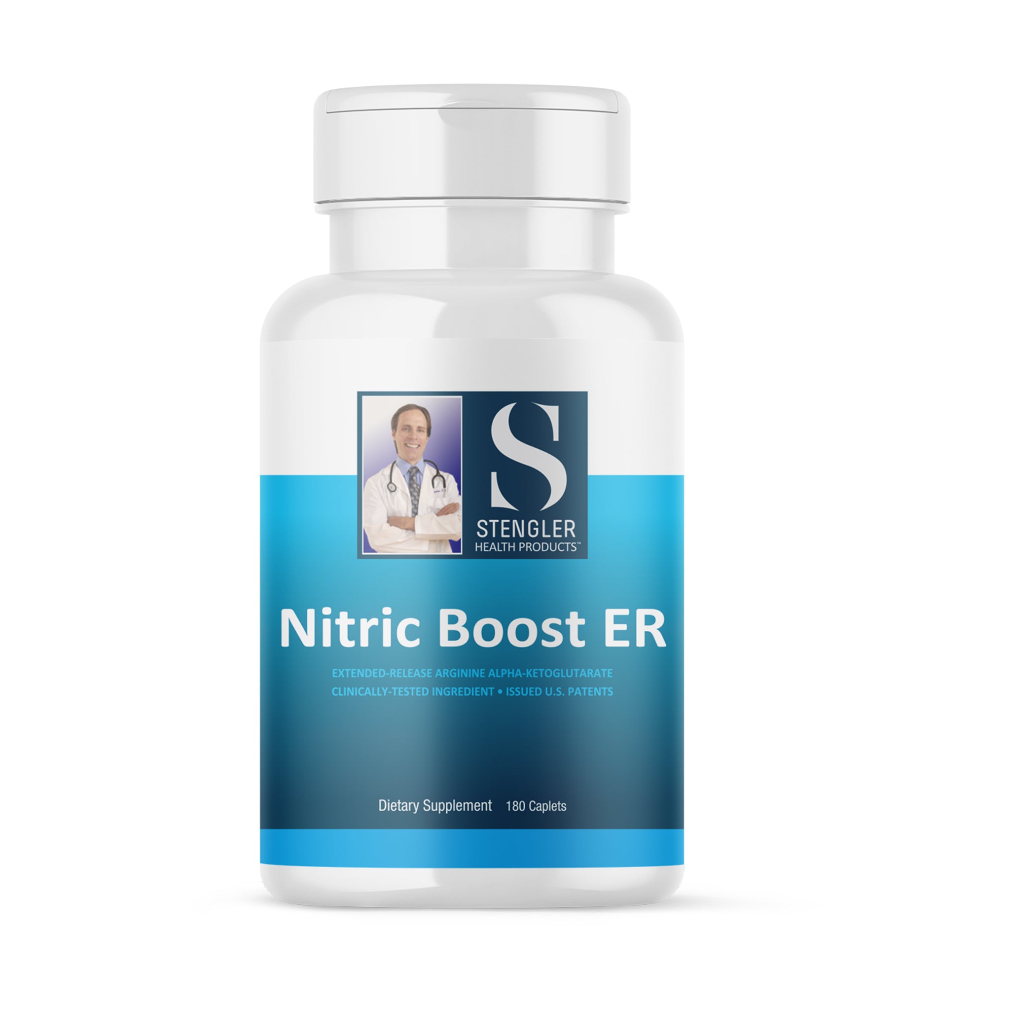 Medicine bottle with label reading 'Nitric Boost ER'