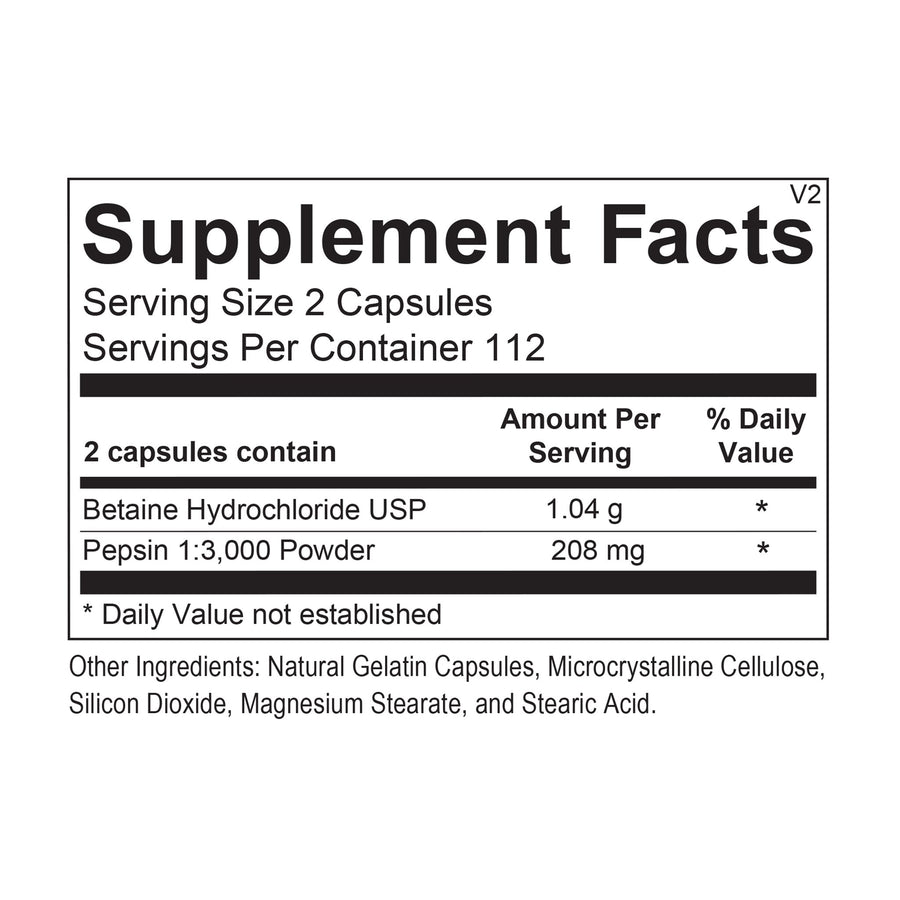 Supplement Facts for Betaine HCL & Pepsin Wellness