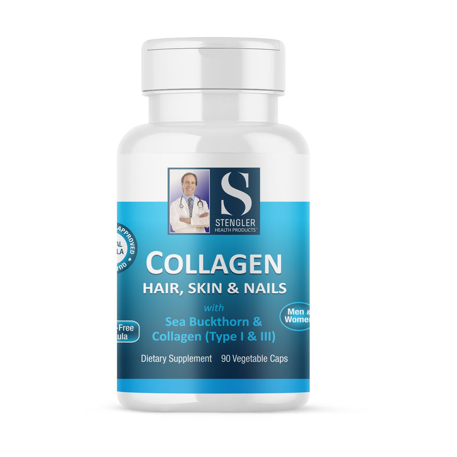 Medicine bottle with label reading 'Collagen Hair, Skin & Nails'