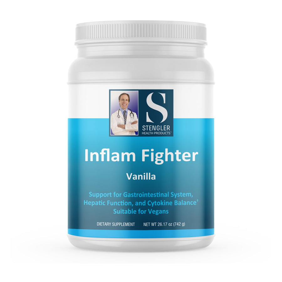 Medicine bottle with label reading 'Inflam Fighter Vanilla'