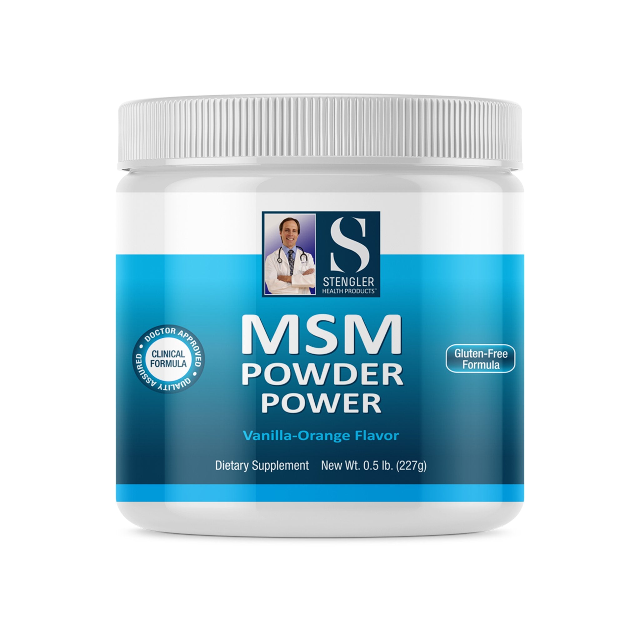 Medicine bottle with label reading 'MSM Powder Power Vanilla-Orange'