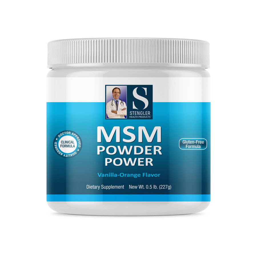 Medicine bottle with label reading 'MSM Powder Power Vanilla-Orange'