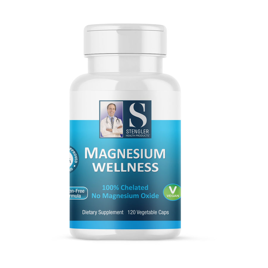 Medicine bottle with label reading 'Magnesium Wellness'