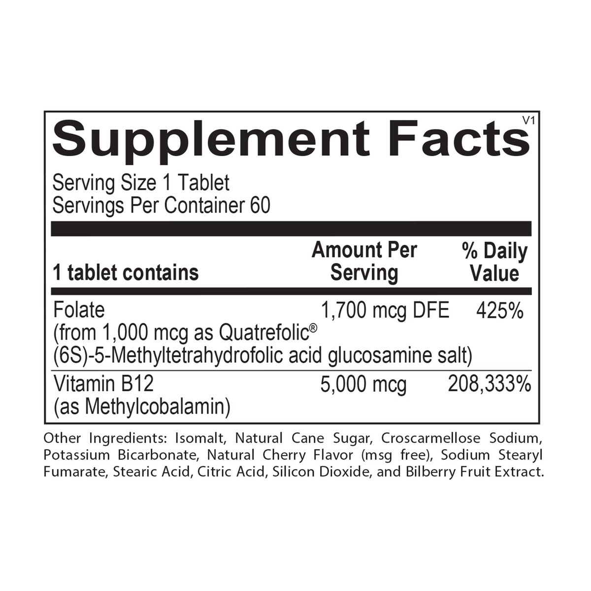 Supplement Facts for Methyl B12 Plus
