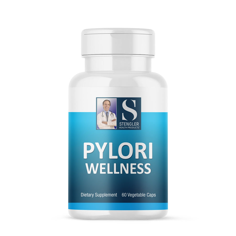 Medicine bottle with label reading 'Pylori Wellness'