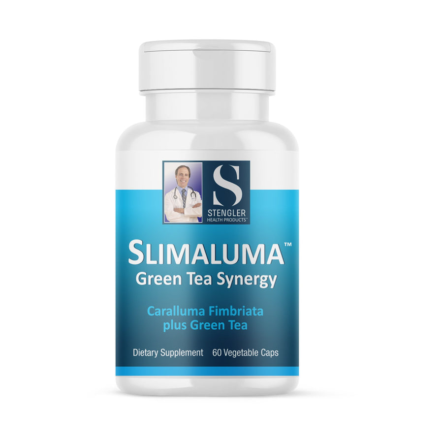 Medicine bottle with label reading 'Slimaluma Green Tea Synergy'
