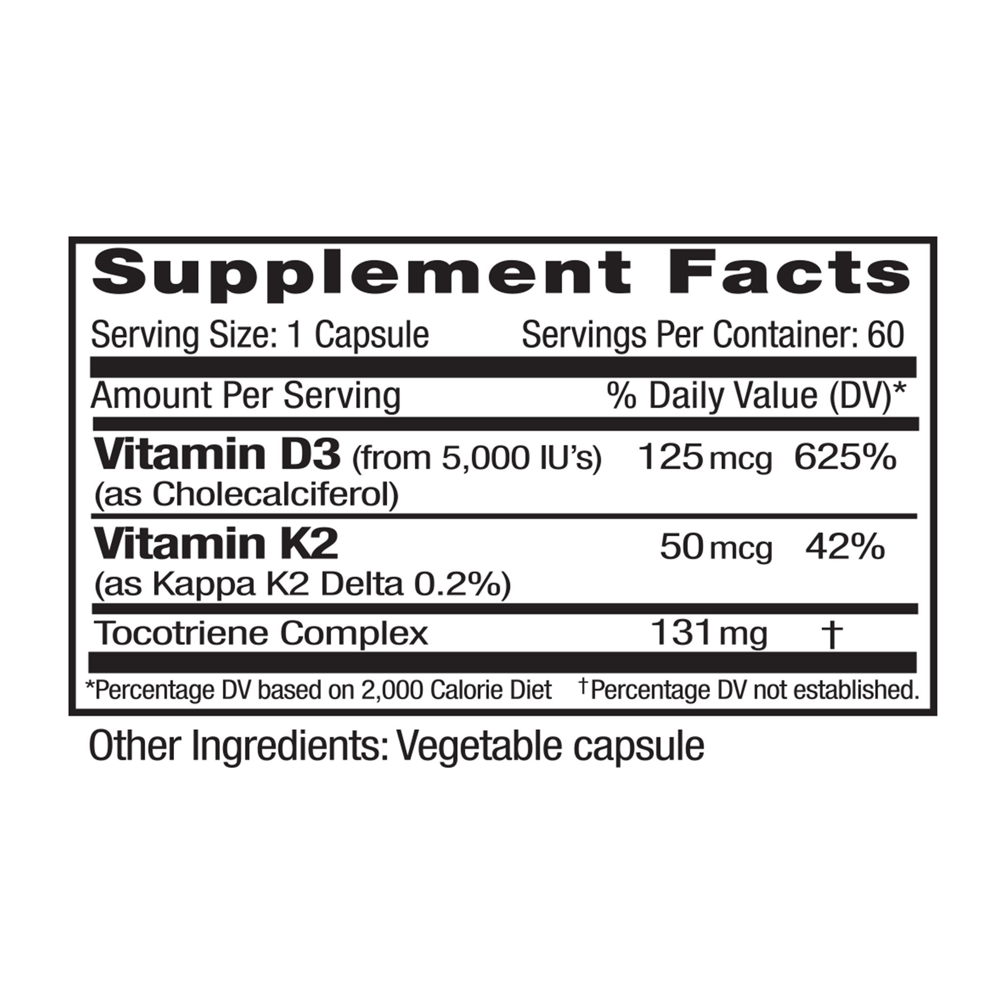 Supplement Facts for Vitamin D3 + K2