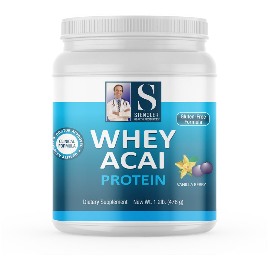 Medicine bottle with label reading 'Whey Acai Protein'